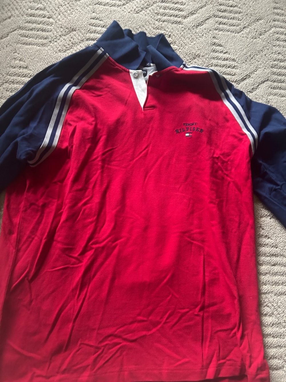 Tommy Hilfiger Red and Navy Long Sleeve Rugby Polo